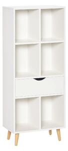 HOMCOM Knihovna s 1 Zásuvkou a Dřevěnými Nohami, 6 Otevřených Úložných Kompartmentů pro Knihy, Rostliny a Dokumenty, 50x29,5x120 cm Bílá | Aosom