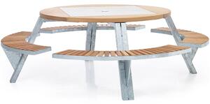 Extremis Jídelní stůl s integrovanou polohovatelnou lavicí Gargantua, Extremis, 231x75 cm, rám galvanizovaná ocel, středová deska nerezová ocel, deska a sedací část iroko standard