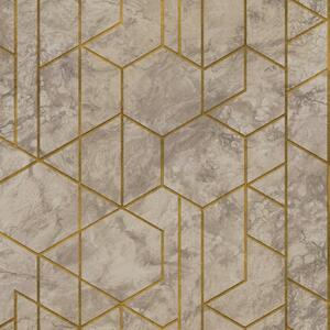 Vliesové tapety na zeď Wanderlust WL2502, rozměr 10,05 m x 0,53 m, metalická omítka béžovo-hnědá se zlatými hexagony , Grandeco