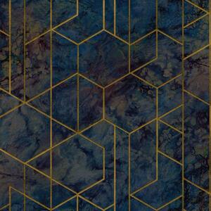 Vliesové tapety na zeď Wanderlust WL2503, rozměr 10,05 m x 0,53 m, metalická omítka modro-hnědá se zlatými hexagony , Grandeco