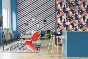 Vliesové tapety na zeď Pop M47010, barber-shop pruhy červené, modré, bílé, zlaté, rozměr 10,05 m x 0,53 m, UGEPA