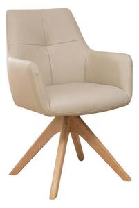 Luxusní designová béžová otočná jídelní židle Elton s potahem z pravé kůže a masivním hnědým dubovým nohama 62 cm