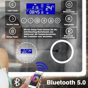 Zrcadlo do koupelny 80x60 cm, Bluetooth 5.0, zrcadlo s osvětlením, 3 barvy světla, nástěnné, s hodinkami, dotykové ovládání, proti zamlžování, zobrazení data, studená/neutrální/teplá bílá, IP44, úsporné