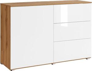- Komoda Parma, boční skříňka, šířka 111 cm, se TŘEMI zásuvkami | Otevírání stisknutím, barva: dub Wotan / bílá vysoký lesk