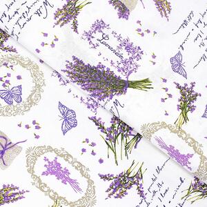 Goldea bavlněné plátno simona - levandule a motýli s texty - metráž š. 150 cm 150 cm