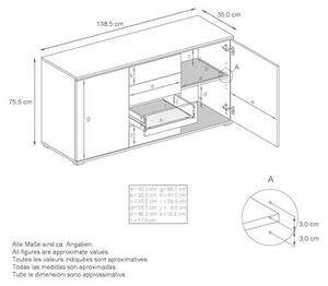 Komoda Faro V1 – komoda se 2 dvířky a 4 zásuvkami, skříňka s LED osvětlením, barva: antracit matná/šedá vysoký lesk (138,5 x 75,5 x 35 cm)