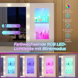 Kosmetický stolek s LED osvětlením, výška 120 cm, s úložným prostorem na šperky, zrcadlem, zásuvkovou lištou, 8 zásuvkami, nastavitelnými policemi, stmívatelným LED osvětlením a skříňkou