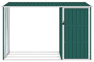 Sklad na dřevo do zahrady, kryt na palivo do krbu, regál na dřevo, přístřešek, skladovací budova, zahradní domek, kůlna, rozměry 245x98x159 cm, pozinkovaná ocel (zelená)