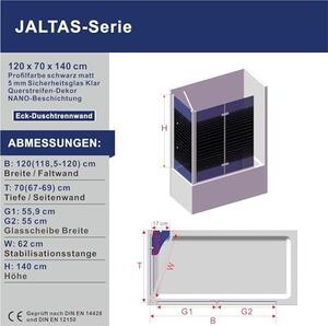 Skládací sprchová zástěna pro vanu, černá, rozměry 140x120x70 cm (výška x šířka x hloubka) – 3dílná, s 5mm tvrzeným sklem ESG s nano-povlakem, mechanismem pro snadné otevírání a zavírání a poličkou na sprchové potřeby