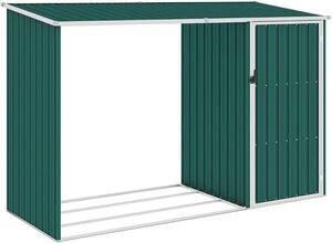 Sklad na dřevo do zahrady, kryt na palivo do krbu, regál na dřevo, přístřešek, skladovací budova, zahradní domek, kůlna, rozměry 245x98x159 cm, pozinkovaná ocel (zelená)