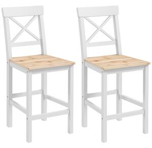 HOMCOM Set 2 Barových Židlí Vysoký Sedák 60,2 cm Dřevěné Kuchyňské Židle s Opěrkou a Podnožkou Nosnost 120 kg pro Jídelnu a Obývací Pokoj Přírodní a B