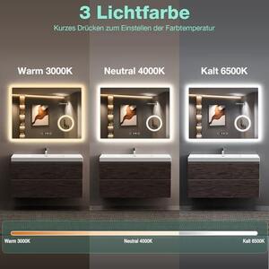 LED zrcadlo do koupelny, 80x60 cm, s osvětlením, 3 barvy světla a stmívatelné, s funkcí proti zamlžování, s hodinkami a 3násobným zvětšením, nástěnné zrcadlo do koupelny