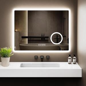 LED zrcadlo do koupelny, 80x60 cm, s osvětlením, 3 barvy světla a stmívatelné, s funkcí proti zamlžování, s hodinkami a 3násobným zvětšením, nástěnné zrcadlo do koupelny