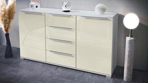 Komoda Linio V1, komoda se 2 dvířky a 4 zásuvkami, bílá matná/krémová vysoký lesk (138,5 x 75,5 x 35 cm)