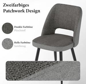 Sada šesti jídelních židlí v patchworkovém designu, tmavě šedé barvy. Potah z plyše a sametu, moderní čalouněná židle s kovovými nohami, vhodná do jídelny, kuchyně, ložnice a obývacího pokoje