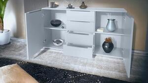 Komoda Linio V1, komoda se 2 dvířky a 4 zásuvkami, bílá matná/krémová vysoký lesk (138,5 x 75,5 x 35 cm)
