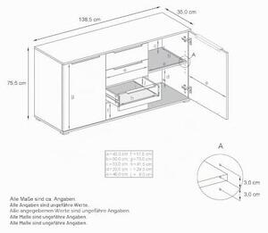 Komoda Linio V1, komoda se 2 dvířky a 4 zásuvkami, bílá matná/krémová vysoký lesk (138,5 x 75,5 x 35 cm)