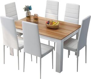 Jídelní set: stůl a 6 židlí. Jídelní set se židlemi s vysokým opěradlem potaženými umělou kůží, vhodný do kuchyně, jídelny nebo obývacího pokoje. Rozměry: šířka 138 cm, hloubka 90 cm, výška 75 cm. Barva: bílá a buk