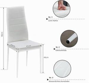 Jídelní set: stůl a 6 židlí. Jídelní set se židlemi s vysokým opěradlem potaženými umělou kůží, vhodný do kuchyně, jídelny nebo obývacího pokoje. Rozměry: šířka 138 cm, hloubka 90 cm, výška 75 cm. Barva: bílá a buk