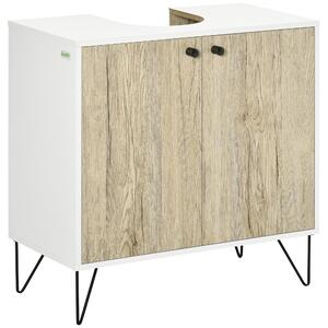 Kleankin Koupelnová Skříňka Pod Umyvadlo s Dvěma Dveřmi a Ocelovými Nohami 60x30x60 cm Ořech a Bílá | Aosom