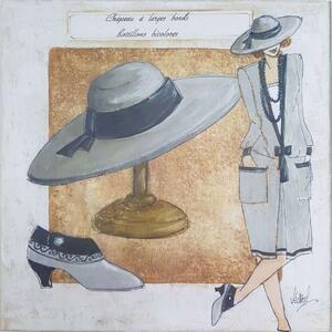 ART-STYLE Obrázek 30x30, dáma & klobouk šedý, rám bílý s patinou