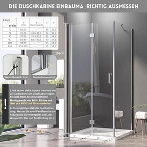 Sprchová kabina 90x90 cm, rohová, s výklopnými dvířky 180°, sprchový kout se boční stěnou, bezpečnostní sklo ESG o tloušťce 6 mm, povrchová úprava Nano Glass, výška 195 cm