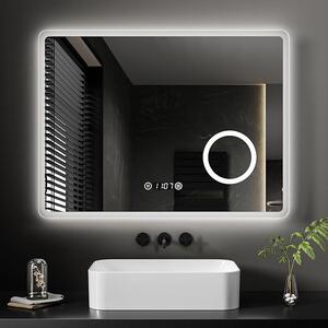 Zrcadlo do koupelny LED 7 v 1, 80x60 cm. Zrcadlo s osvětlením, možnost volby teploty světla 3000K/4000K/6500K, dotykové ovládání, stmívání, ochrana proti zamlžování, 3 kosmetická zrcátka, digitální hodiny, úsporné, IP44, snadná instalace