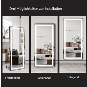 Zrcadlo do celé postavy s LED osvětlením, stěnové zrcadlo s regulovatelným světlem, rozměry 163x54 cm, rám z hliníkové slitiny, stříbrné zrcadlo o tloušťce 4 mm, vhodné do obývacího pokoje nebo ložnice