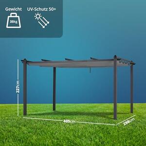 Pavilon pergola z hliníku, antracitová barva, rozměry 405 x 298 cm, s výsuvnou textilní střechou, šedá barva. Zahradní pavilon s práškovým nástřikem, odolný vůči povětrnostním vlivům, výška 227 cm