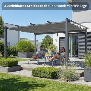Pavilon pergola z hliníku, antracitová barva, rozměry 405 x 298 cm, s výsuvnou textilní střechou, šedá barva. Zahradní pavilon s práškovým nástřikem, odolný vůči povětrnostním vlivům, výška 227 cm