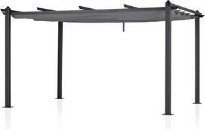 Pavilon pergola z hliníku, antracitová barva, rozměry 405 x 298 cm, s výsuvnou textilní střechou, šedá barva. Zahradní pavilon s práškovým nástřikem, odolný vůči povětrnostním vlivům, výška 227 cm