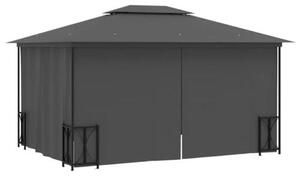 Pavilon o rozměrech 3x4 metry se bočními stěnami a dvojitou střechou, barva antracit. Venkovní pavilon, pergola, terasa. Volně stojící konstrukce určená pro rodinná setkání a různé venkovní aktivity