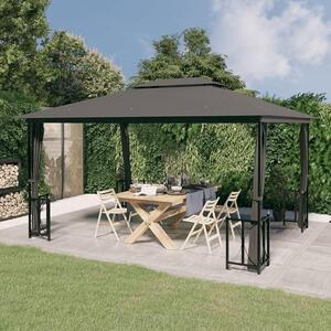 Pavilon o rozměrech 3x4 metry se bočními stěnami a dvojitou střechou, barva antracit. Venkovní pavilon, pergola, terasa. Volně stojící konstrukce určená pro rodinná setkání a různé venkovní aktivity