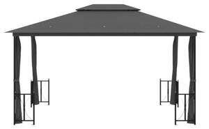 Pavilon o rozměrech 3x4 metry se bočními stěnami a dvojitou střechou, barva antracit. Venkovní pavilon, pergola, terasa. Volně stojící konstrukce určená pro rodinná setkání a různé venkovní aktivity