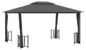 Pavilon o rozměrech 3x4 metry se bočními stěnami a dvojitou střechou, barva antracit. Venkovní pavilon, pergola, terasa. Volně stojící konstrukce určená pro rodinná setkání a různé venkovní aktivity
