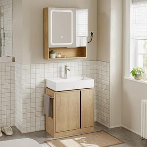 SoBuy Nástěnná zrcadlová skříňka do koupelny s LED osvětlením a zásuvkami, světlý dub, 60 × 17 × 70 cm Obdélníkové BZR238-E-N