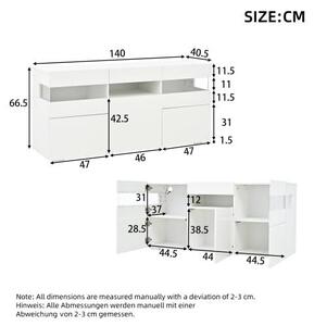 Komoda s vysokým leskem, bílá, 140 cm, moderní úložný prostor s dveřmi z akrylu, LED osvětlením a ovládáním přes aplikaci, vhodná do obývacího pokoje
