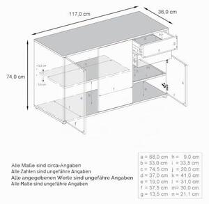 Komoda Ben V3, s 3 dvířky a 2 zásuvkami, bílá matná/dřevo Nordic (117 x 74 x 36 cm)