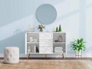 Elegantní komoda s diamantovým vzorem – Bílá komoda s 3 zásuvkami a 2 dvířky, zlaté nožky, rozměry 120×40×80 cm, moderní design vhodný do obývacího pokoje, chodby nebo ložnice. Skříňka na příbory a servírovací stolek