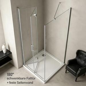 Sprchová kabina se sklopnými dveřmi, 90 x 90 x 195 cm, sklopné dveře o šířce 90 cm a boční stěna o šířce 90 cm – sprchový panel ze skla ESG o tloušťce 6 mm s nanotechnologií, skládací sprchový panel, rohová sprchová zástěna bez sprchové vaničky