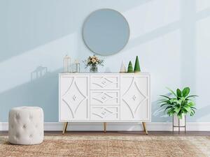 Elegantní komoda s diamantovým vzorem – Bílá komoda s 3 zásuvkami a 2 dvířky, zlaté nožky, rozměry 120×40×80 cm, moderní design vhodný do obývacího pokoje, chodby nebo ložnice. Skříňka na příbory a servírovací stolek