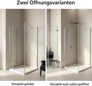 Sprchová kabina se sklopnými dveřmi, 90 x 90 x 195 cm, sklopné dveře o šířce 90 cm a boční stěna o šířce 90 cm – sprchový panel ze skla ESG o tloušťce 6 mm s nanotechnologií, skládací sprchový panel, rohová sprchová zástěna bez sprchové vaničky