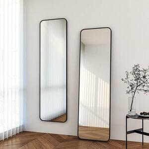 Zrcadlo na celý obličej, nástěnné, rozměry 40x160 cm, černé, kovový rám, obdélníkový stojací zrcadlo, zaoblené rohy, vhodné pro šatnu, ložnici, obývací pokoj a koupelnu