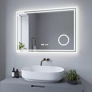 Zrcadlo s osvětlením, LED, dekorativní nástěnné zrcadlo, velké, moderní, zrcadlo do koupelny s osvětlením, hodiny, 3x zvětšení, LED, rozměry 100x70 cm, stříbrné, funkce paměti, dotykové ovládání