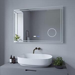 Zrcadlo s osvětlením, LED, dekorativní nástěnné zrcadlo, velké, moderní, zrcadlo do koupelny s osvětlením, hodiny, 3x zvětšení, LED, rozměry 100x70 cm, stříbrné, funkce paměti, dotykové ovládání