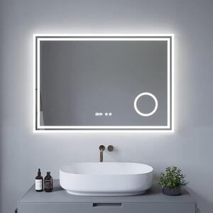 Zrcadlo s osvětlením, LED, dekorativní nástěnné zrcadlo, velké, moderní, zrcadlo do koupelny s osvětlením, hodiny, 3x zvětšení, LED, rozměry 100x70 cm, stříbrné, funkce paměti, dotykové ovládání