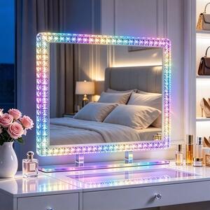 VANITII Hollywoodské kosmetické zrcadlo 80×60 cm s LED osvětlením RGB světelné režimy křišťálové detaily bílé pro toaletní stolek