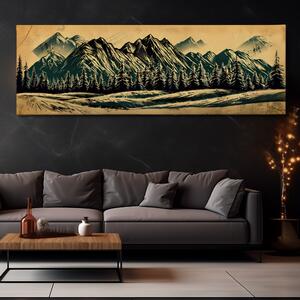 Obraz na plátně - Smrkové lesy s horami vintage FeelHappy.cz Velikost obrazu: 120 x 40 cm