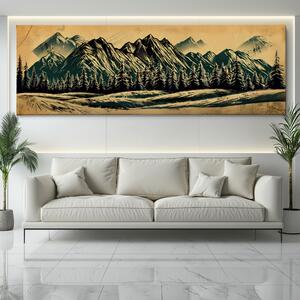 Obraz na plátně - Smrkové lesy s horami vintage FeelHappy.cz Velikost obrazu: 120 x 40 cm