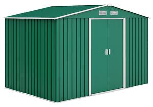 Zahradní shed Outsunny 4,9 m² 277x195x192 cm se skládacími dveřmi a šikmou střechou, zesílený základ (podlaha není součástí) a 4 tmavě zelená okna | A